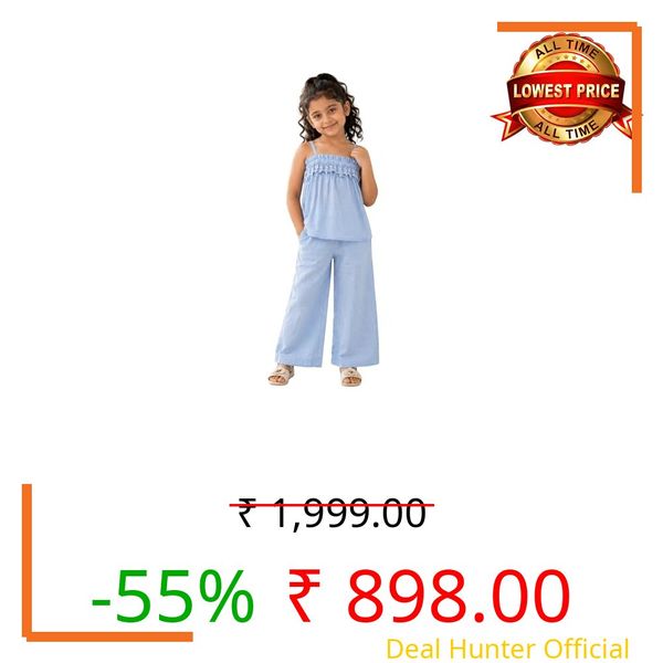 superminis Girl's Top and Pant Co-ord Set| Double Gauze Cotton Coordinated_Outfit For Girl| Sleeveless Stripe Shoulder Top with Palazzo For Girls (8-10 Years, Sky blue)