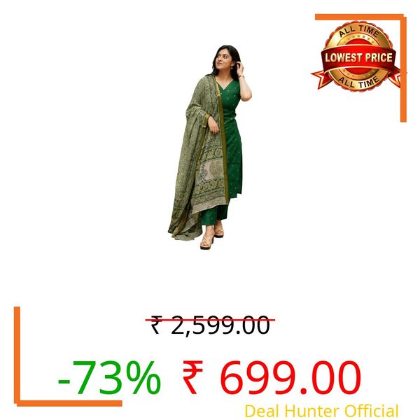 GoSriKi Women's Rayon Viscose Straight Printed Kurta with Pant & Dupatta (AHANKAR Green-GS_L_Green_Large)