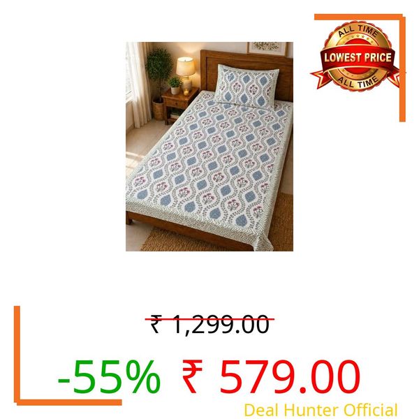 Mafatlal 144 TC Heritage 100% Cotton Bedsheet for Twin Bed & Single Size Bed with Pillow Cover (90x60 inches), Jaipuri Rajasthani Design, Extra Soft & Wrinkle Free| Soft Blue