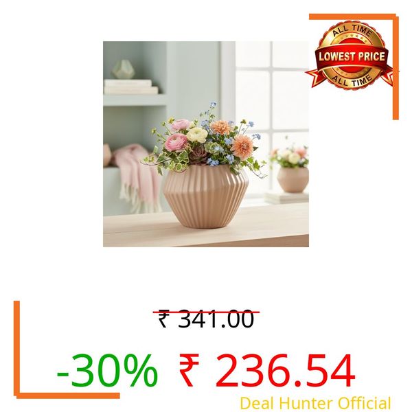 Xtore® Refined Ribbed Ceramic Planter for Indoor Plants & Tabletop Décor | Modern Wide Bowl Pot for Living Room, Office & Shelf Styling (Pastel Pink, Pack of 1 - Planter only)