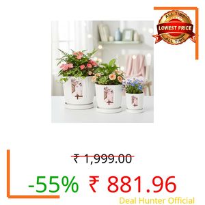 Xtore® Set of 3 Refined Geometric Ceramic Planter for Indoor Plants & Tabletop Styling | Modern White Pots with Gold Motif for Living Room, Office & Shelf Décor - (Planters only)