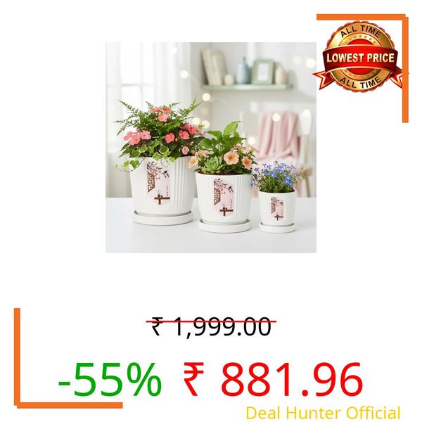 Xtore® Set of 3 Refined Geometric Ceramic Planter for Indoor Plants & Tabletop Styling | Modern White Pots with Gold Motif for Living Room, Office & Shelf Décor - (Planters only)