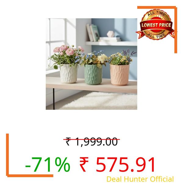 Xtore® 3 Pc Graceful Embossed Ceramic Planter Pot for Indoor Plants | Minimalist Textured Planter Pot for Desk, Shelf & Window Styling (Pack of 3 - Planters only)