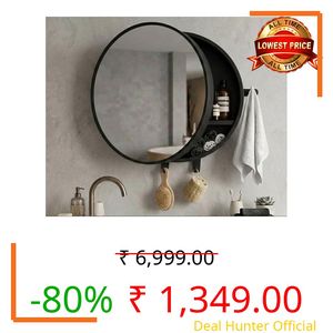 BRANCO Pearl Round Bathroom Mirror Cabinet with Towel Holder & 2 Accessories Hooks | Wall-Mounted Modern Design Cabinet with Storage | Bathroom Organizer with Toothbrush Holder (Black)