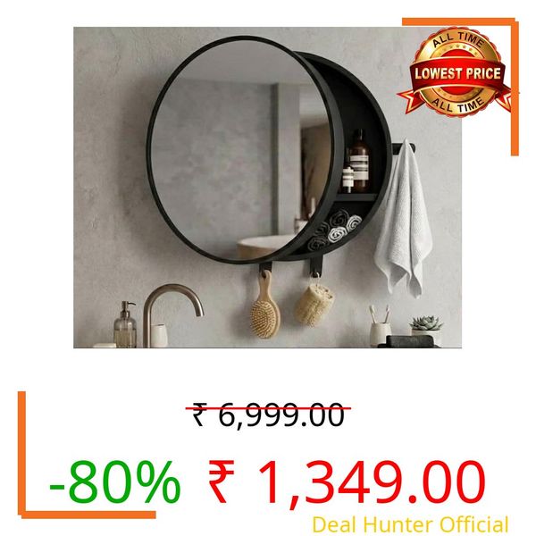 BRANCO Pearl Round Bathroom Mirror Cabinet with Towel Holder & 2 Accessories Hooks | Wall-Mounted Modern Design Cabinet with Storage | Bathroom Organizer with Toothbrush Holder (Black)