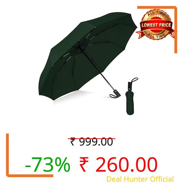 ISIRONA Compact Travel Umbrella, Auto Open and Close, 9 Reinforced Fiberglass Ribs, Ergonomic Rubberised Handle (GREEN)