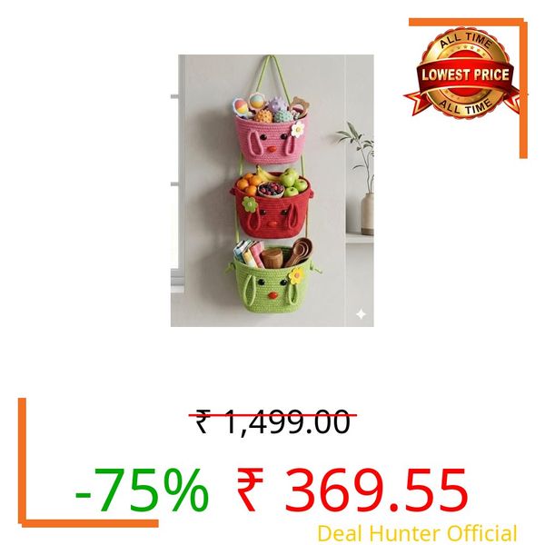 RAMESWARAM 3 Tier Hanging Storage Basket Set (10 x 7 x 4 Inch Each) | Cute Rabbit Design Cotton Rope Wall Organizer | Organizer for Nursery, Bathroom, Bedroom, Kitchen Pink, Red & Green | Pack of 3