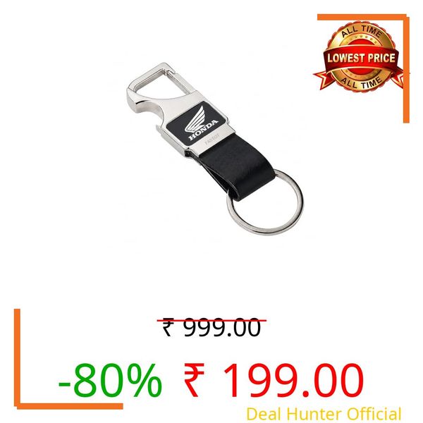 FASTQT Premium Metal & Leather Keychain – Stainless Steel Carabiner Hook Key Ring with Black Strap, Durable Chrome Finish Key Holder for Bike Owners, Gift for Riders (Honda Bike, Pack of 1)