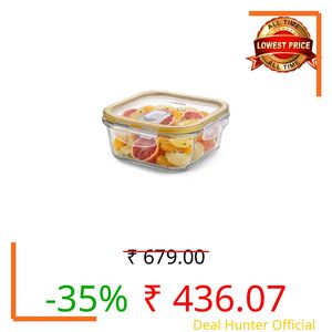 CELLO Fit & Fresh Square Lunch Box Container for Daily Use 1000 ml Clear | Microwave & Fridge Safe Toughened Glass Airtight Leakproof Food Storage Tiffin Box Container for Kitchen, Travel & Office Use