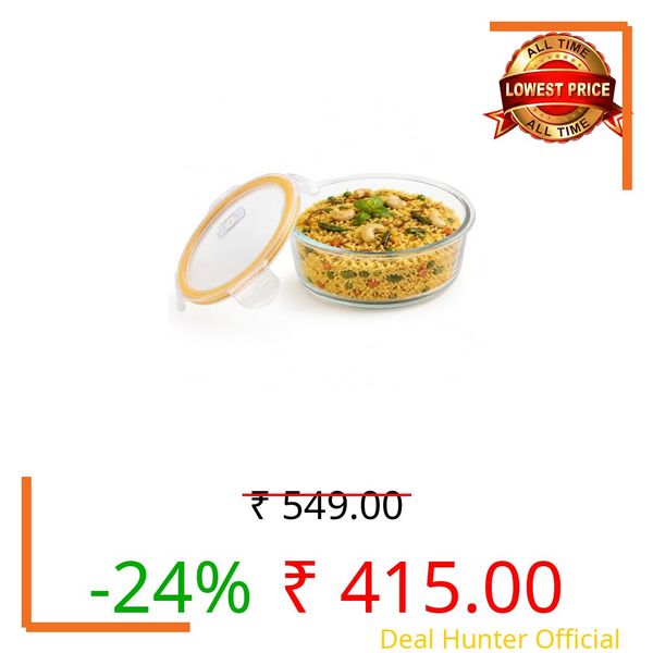 CELLO Fit & Fresh Round Lunch Box Container for Daily Use 950 ml, Clear | Microwave & Fridge Safe Toughened Glass Airtight Leakproof Food Storage Tiffin Box Container for Kitchen, Travel & Office Use