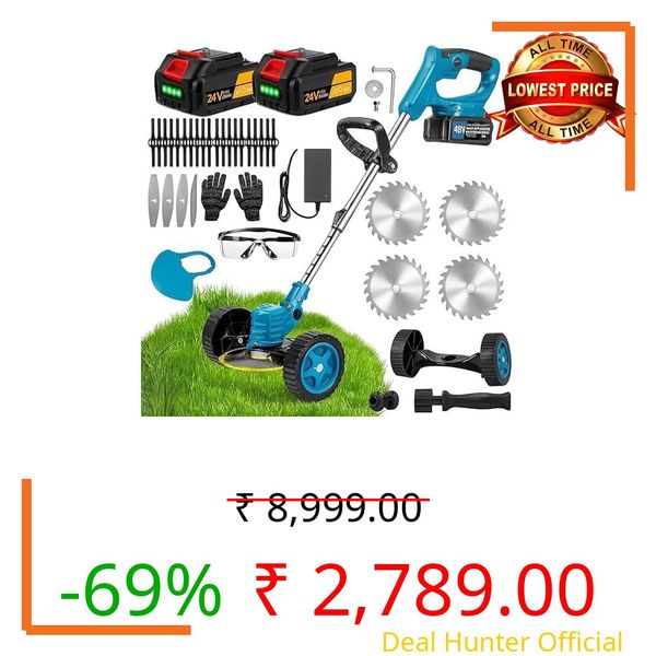 Grass Cutter Machine for Garden, 48V Cordless -Brush Cutter Machine with 2 Batteries | Electric Lawn Trimmer with Wheels, Saw Blades, 4 Metal Blades, Nylon Blades, Safety Glasses & Gloves (S5)
