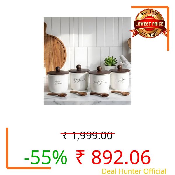 Ovil Deco Kitchen Canister Set of 4, White Metal with Wooden Lid, Tea Sugar Coffee Salt Storage Jars, 800ml, 11x15 cm | Food-Safe Jar Set for Kitchen counter top Container