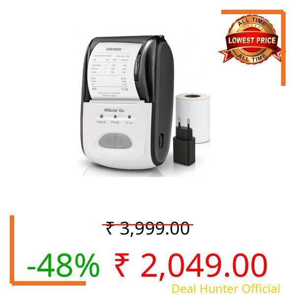 helett® BillQuick Go 2 Inch (58mm) Thermal Receipt Printer & Billing Machine for Retail Shop | Bluetooth + USB Type-C | 203 DPI | 2600mAh Battery | Android, iOS, Windows & Mac | Adapter & Roll
