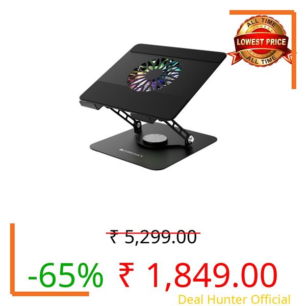 Zebronics NS5500 Rotatable Laptop Cooling Stand, Up to 17-Inch, 360° Rotation, Metal Body, USB Powered Cooling, LED Lights, 3 USB, 2 Type-C Ports, Multi-Angle, Foldable, 5kg Capacity,Anti Rust (Black)
