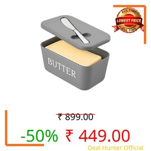 Kyraton Large Plastic Butter Dish with Lid and Knife, Food Grade PP Butter Holder Keeper with Cover for Kitchen Refrigerator Butter Container (Grey)