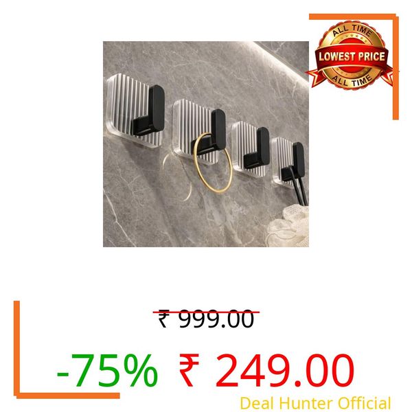 Hirsha Self Adhesive Wall Hooks | Heavy Duty Waterproof Luxury Acrylic Wall Hooks for Bathroom, Kitchen & Home | No Drill Transparent Sticky Hook Hanger for Towels,Keys,Bags,Clothes(Black, Pack of 4)
