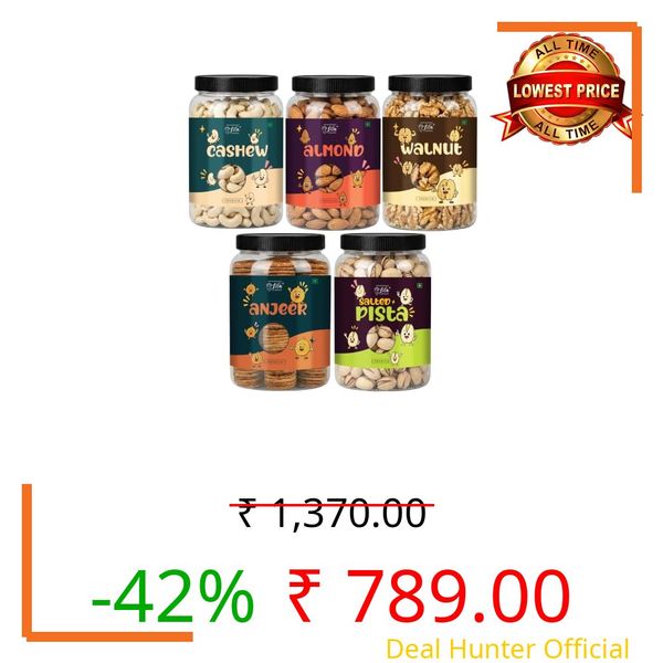 LILA DRY FRUITS Dry Fruits Combo Pack Almonds, Cashews, Walnuts, Pistachios & Anjeer 100 Gms x 5 Mixed Dry Fruits for Daily Snacking Perfect for Gifting