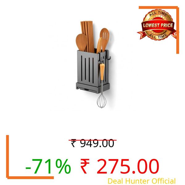 Upaado Wall Mounted Cutlery Holder 1 Pcs | Plastic No Drill Utensil Organizer with Hooks & Drainage Tray | Easy Installation Space Saving Kitchen Storage Spoon & Fork Holder (Grey)