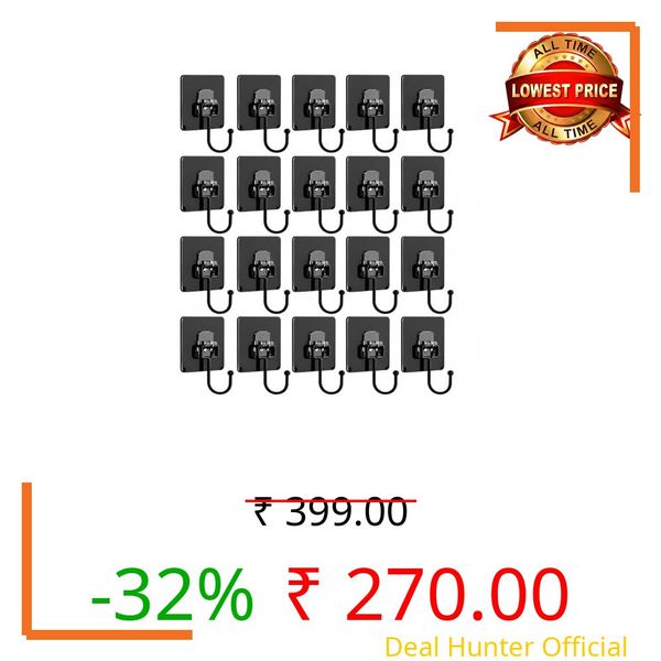 Atharved Extra Strong Self-Adhesive Big Wall Hooks | 20 Piece Black Metal Hooks | 5 kg Weight Capacity | Waterproof & No Trace | Ideal for Wall, Kitchen Utensils, Keys, Clothes