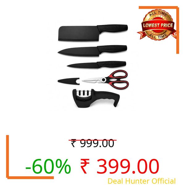 SNMMIFER 5-Piece Kitchen Knife Set with Cleaver, Chef Knife, Utility Knife, Multipurpose Kitchen Scissors,Knife Cover & 3-Stage Knife Sharpener | Stainless Steel Cutting Combo Set (Black Combo)