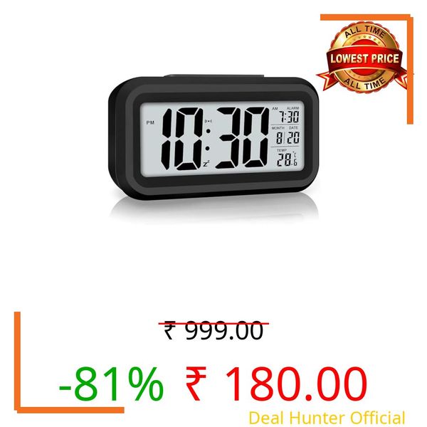 Sky-One Crafts Digital Alarm Clock with Large LCD Display, Smart Night Sensor, Date and Temperature Display, Battery Operated, for Bedroom, Office, and Home Decor (Black)