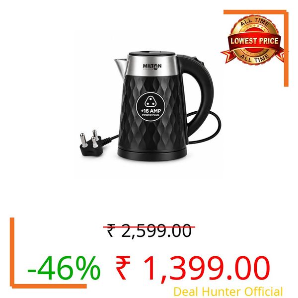 Milton Rapid Cool Touch Electric Kettle 1.5 Litre | 304 SS Inner Body Hot Water Kettle Electric | Auto Shut-Off with Wide Mouth | 1350 Watts | 1 Year Warranty (Black)