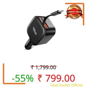 Ambrane 96W Car Charger with InBuilt Retractable Cable, 3-in-1 Car Charger, 33W Type C PD, 30W USB For iPhone, Macbook Air, Android, Earbuds, Other Devices, PD & PPS Fast Charging (Charge CR96, Black)