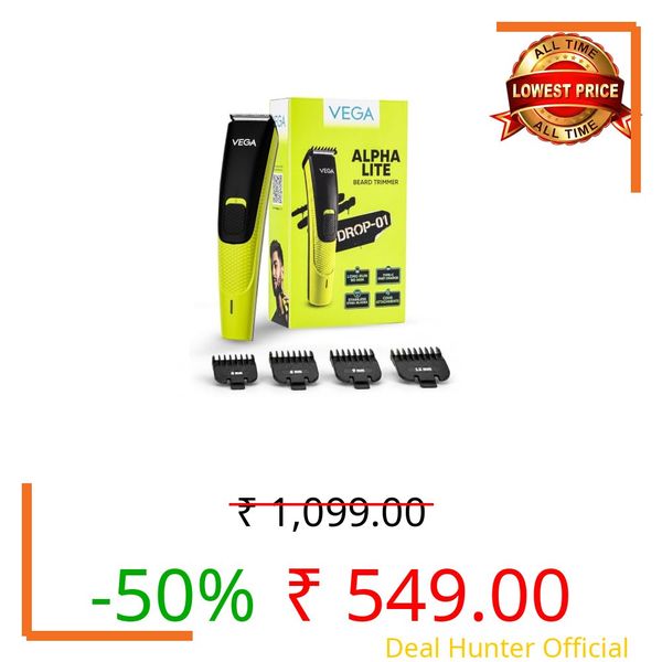 VEGA Alpha Lite Beard Trimmer for Men, Self-Sharpening Blades, Trimmer for Man, 4 Comb Attachment, Up to 6 Weeks Runtime 1 Charge, USB Type-C 2X Fast Charging, 2 Yrs Warranty(VHTH-44)