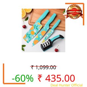 Amorston 4-Piece Black Kitchen Knife Set with 3 Ceramic Coated Knives & 3-Stage Knife Sharpener | Non-Stick Stainless Steel Blades | Ergonomic Handle | Multipurpose Cooking Knife Set (Blue)