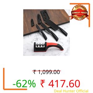 Amorston 4-Piece Black Kitchen Knife Set with 3 Ceramic Coated Knives & 3-Stage Knife Sharpener | Non-Stick Stainless Steel Blades | Ergonomic Handle | Multipurpose Cooking Knife Set (Black)