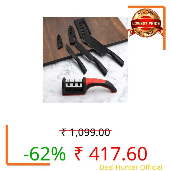 Amorston 4-Piece Black Kitchen Knife Set with 3 Ceramic Coated Knives & 3-Stage Knife Sharpener | Non-Stick Stainless Steel Blades | Ergonomic Handle | Multipurpose Cooking Knife Set (Black)