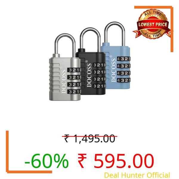 DOCOSS Metal 4 Digit Combination Number Lock for Luggage Bag,Water-Resistant & Hardened Shackle,Pack of 3 (Black,Silver, Blue)