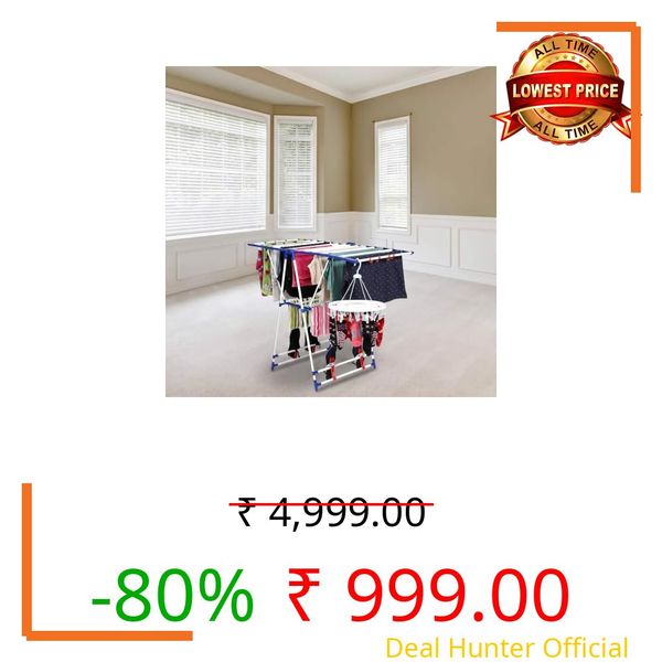 Happer Mild Steel Cloth Drying Stand | Winsome | 8 Hangers | 4 Shoe Holders | 40 Feet Drying Space (White & Blue)