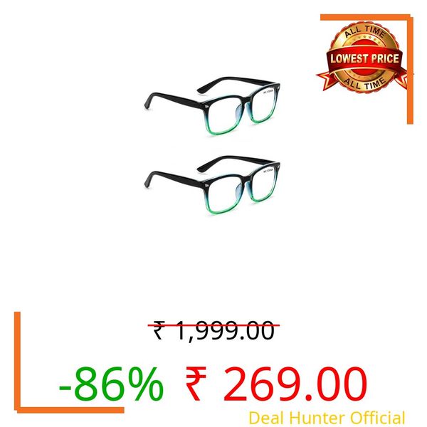 PC Star Blue Light Blocking Computer Glasses for Men & Women, Square TR90 Lightweight Eyeglasses Frame, Anti Eye Strain UV Protection, Clear Lens for Gaming Office Reading (Black-Green-2)