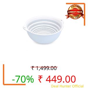 ARICO Double Layer Strainer Bowl with Colander Set, Multipurpose Fruit & Vegetable Washing Basket, Kitchen Draining Colander, BPA Free Plastic (Blue & White)