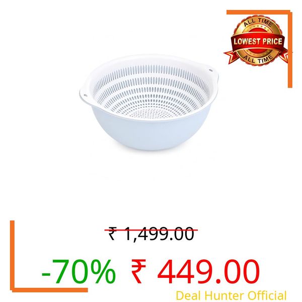 ARICO Double Layer Strainer Bowl with Colander Set, Multipurpose Fruit & Vegetable Washing Basket, Kitchen Draining Colander, BPA Free Plastic (Blue & White)