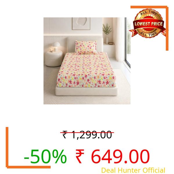 Haus & Kinder Elastic Bedsheet Single Bed, 37 x 78 x 11 Inches Single Bedsheet Cotton Elastic Fitted with 1 Pillow Cover, Pure Cotton 186 TC, Breathable Wrinkel Free - Sunlit Blossom Meadow