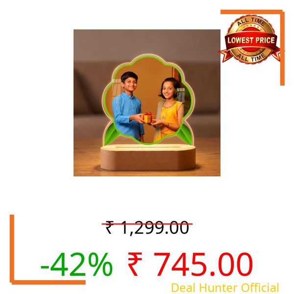 Fashionury Personalized Rakhi Gift – Custom Photo Acrylic LED Lamp | Flower Shape Night Light with Your Image | Rakshabandhan Diwali Festival Gift for Sister Brother Family | Wooden Base, USB LED