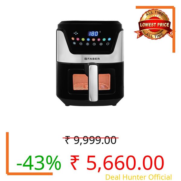 Faber 6L 1500W Digital Air Fryer | Fry, Bake, Roast, Toast, Defrost, Grill & Reheat | 85% Less Oil, 360° Air Cooking|8-Preset Menu,LED Display&Touch Control, Non-Stick Pan,View Window|FAF 6.0L NEO BK