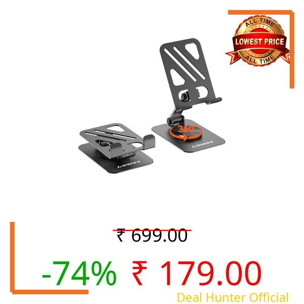 Ambrane 360° Rotation, Foldable Design Mobile Stand with Stable Metalic Round Base, Multiple Height & Angle adjustments Compatible with Smartphones, Tablets, Kindles & iPad (Twistand M360 Grey)