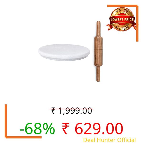 VISMAY’S White Marble Chakla with Wooden Belan Set 10 Inch White Natural Stone Rolling Board and 12 Inch Wooden Rolling Pin for Roti Paratha Chapati Food Safe Non Slip (Set of 2)