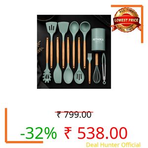 HITHIKA IMPEX 12 Pcs Silicone Cooking Utensils Set with Holder | Heat Resistant Kitchen Spatula Turner Set with Wooden Handles | Non Stick Cookware Safe | Cooking Spoon, Ladle, | Green