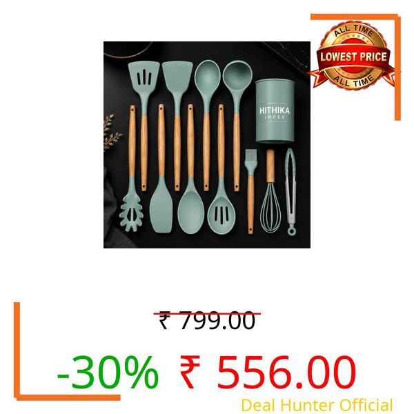 HITHIKA IMPEX 12 Pcs Silicone Cooking Utensils Set with Holder | Heat Resistant Kitchen Spatula Turner Set with Wooden Handles | Non Stick Cookware Safe | Cooking Spoon, Ladle, | Green