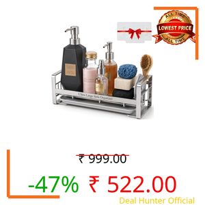 POUGNY Large Stainless Steel Sink Organizer for Kitchen Basin | Stainless Steel & Washroom Organizer with Drain Tray | Wall Mounted Soap Stand & Sponge Holder | Kitchen Sink Rack | Silver