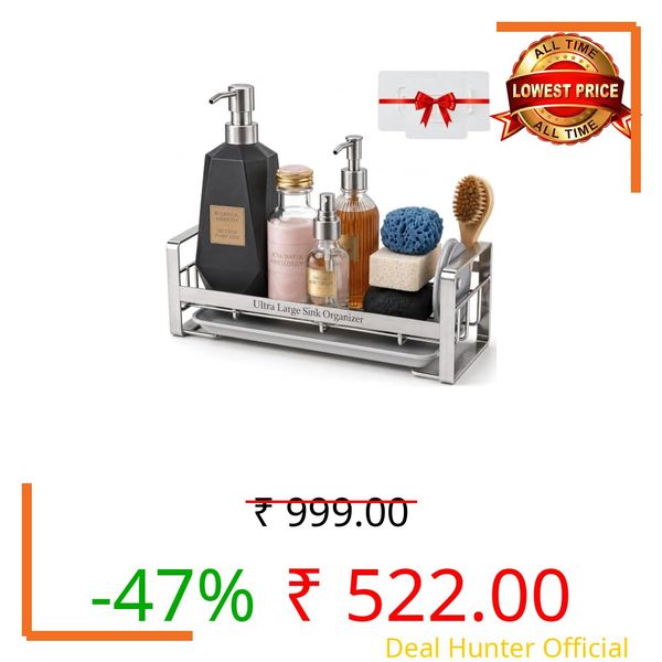 POUGNY Large Stainless Steel Sink Organizer for Kitchen Basin | Stainless Steel & Washroom Organizer with Drain Tray | Wall Mounted Soap Stand & Sponge Holder | Kitchen Sink Rack | Silver