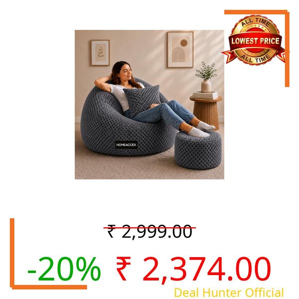 Homeaccex Quilted 4XL Velvet Bean Bag with Cushion Footrest Filled Bean Bag with Beans (Grey, 4XL)