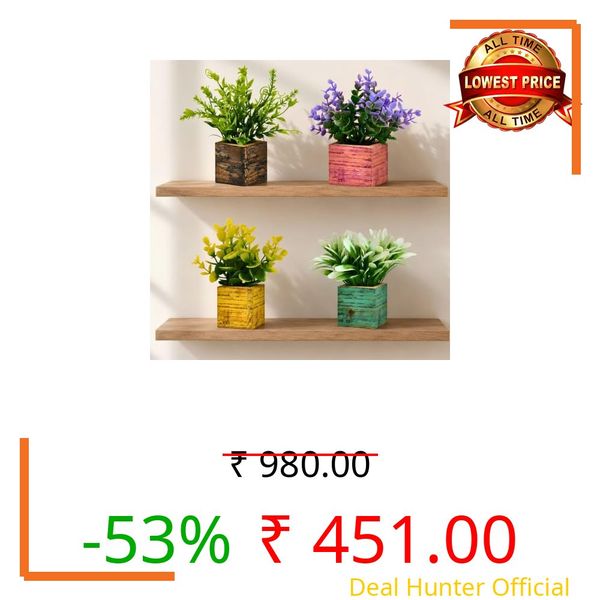 fancymart Artificial Decorative Eucalyptus Plants with Colourful Small Wooden Pots, 14 cm Height for Indoor Home, Office, Table and Shelf Decoration, Pack of 4