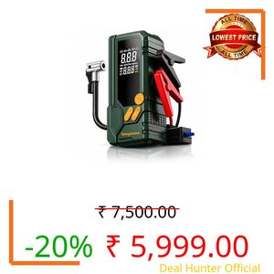 Bergmann Stallion Heavy-Duty Cordless Tyre Inflator + Smart Jump Starter | 10000mAH Li-Ion Battery | LED Light | Type-C Port | for Cars, Bikes, Toys & Bicycles | Dark Green