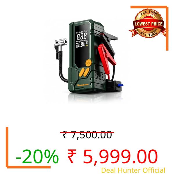 Bergmann Stallion Heavy-Duty Cordless Tyre Inflator + Smart Jump Starter | 10000mAH Li-Ion Battery | LED Light | Type-C Port | for Cars, Bikes, Toys & Bicycles | Dark Green