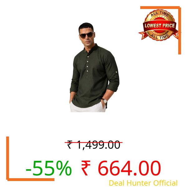 Majestic Man Men's Pure Cotton Solid Mandarin Collar Regular Fit Roll-Up Sleeves Short Kurta (Dark Green, XXXX-Large)